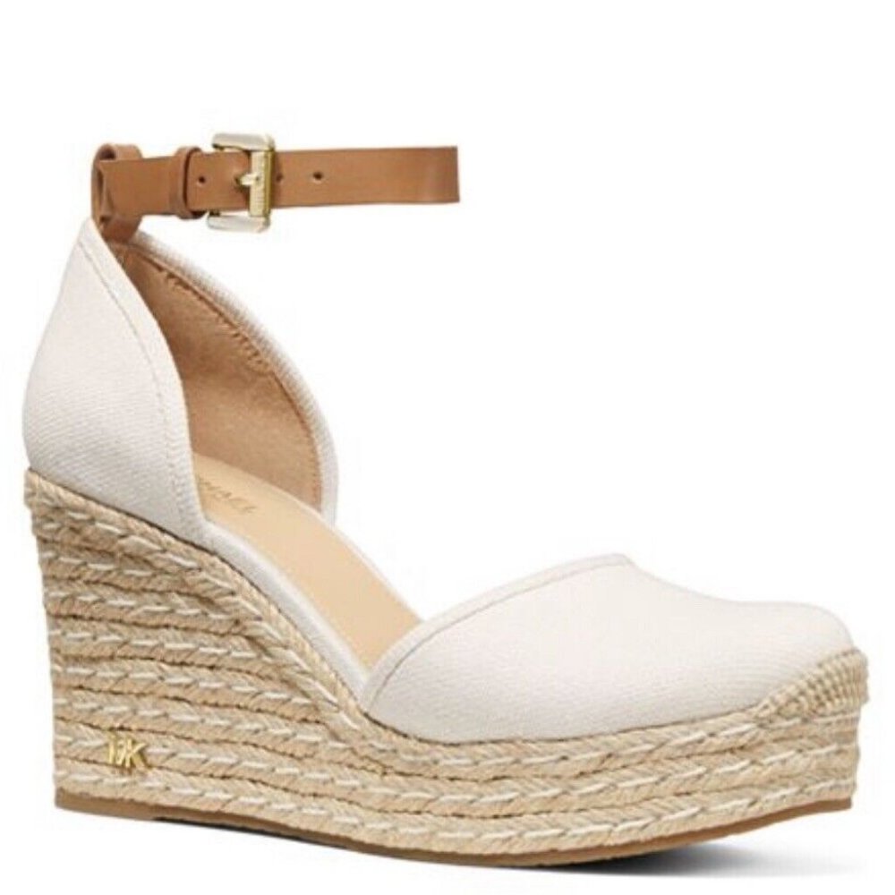 Michael Kors Kendrick Cream Espadrille Wedges Canvas Sandals Shoes Heels NEW